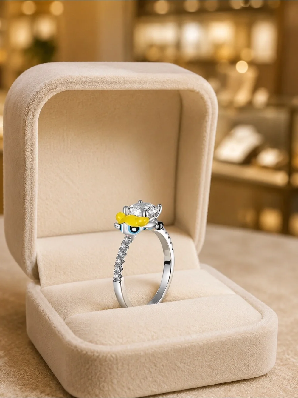 Playful Yellow Enamel Character Solitaire Ring - Women Jewelry